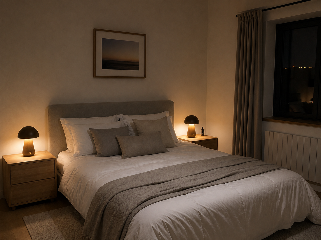 Lampe de chevet sans fil posée sur une table de nuit dans une chambre chaleureuse