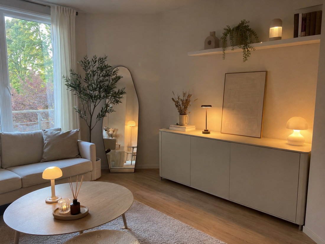Pièce lumineuse aménagée avec des couleurs claires, un miroir et plusieurs sources d’éclairage