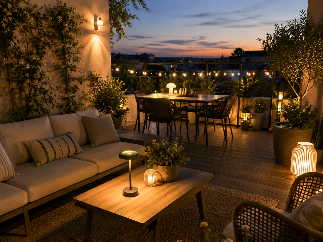 Terrasse accueillante aménagée avec du mobilier extérieur, des plantes et un éclairage chaleureux