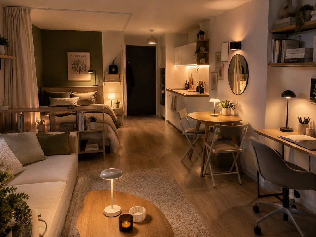 Studio optimisé avec du mobilier multifonction, des rangements et plusieurs espaces de vie bien délimités