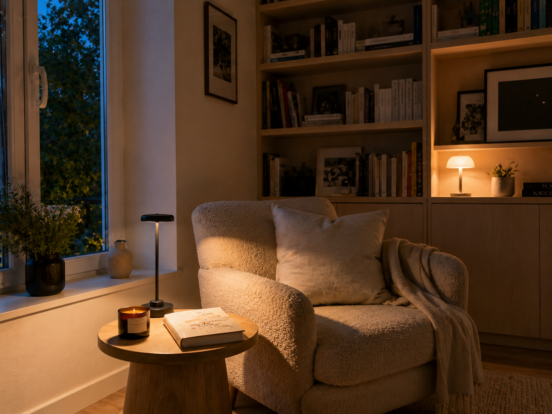 Coin lecture confortable aménagé près d’une fenêtre avec un fauteuil, des livres et une lampe d’appoint
