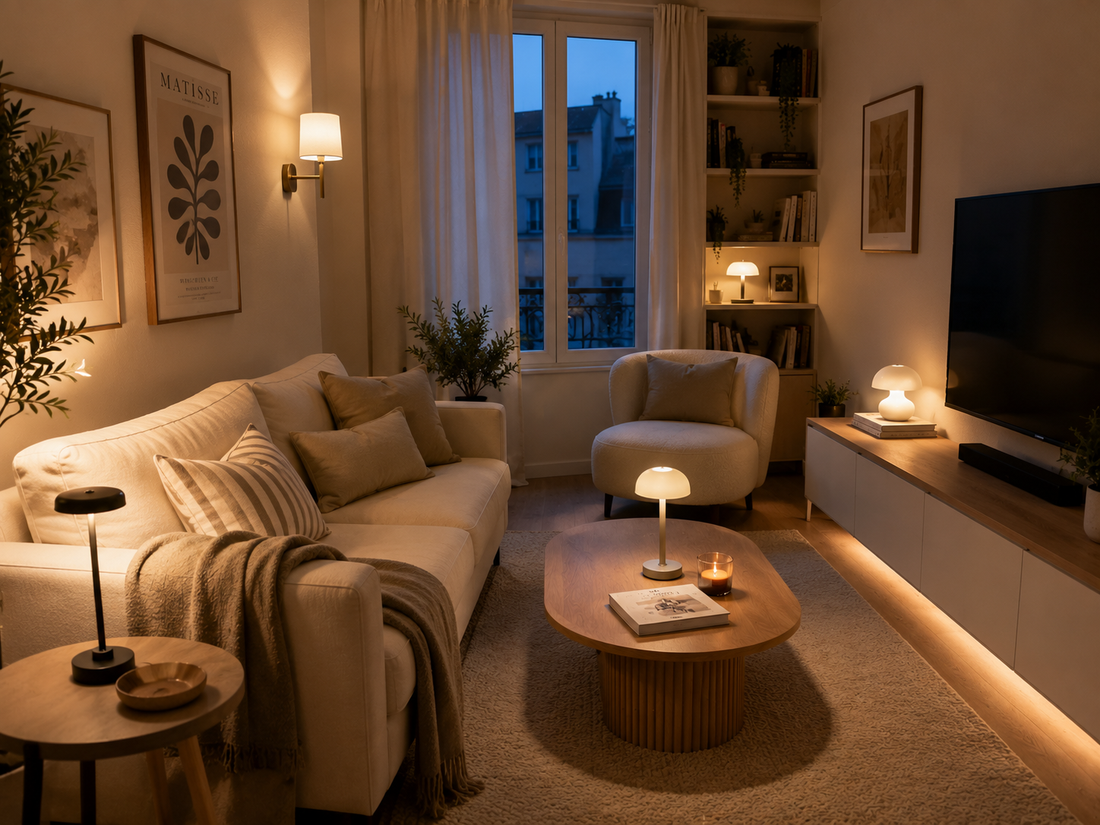 Petit salon optimisé avec un canapé compact, du mobilier léger et des rangements muraux