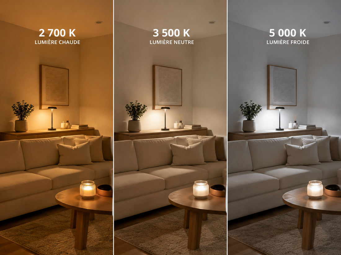 Comparaison d’un salon éclairé à 2 700 K, 3 500 K et 5 000 K