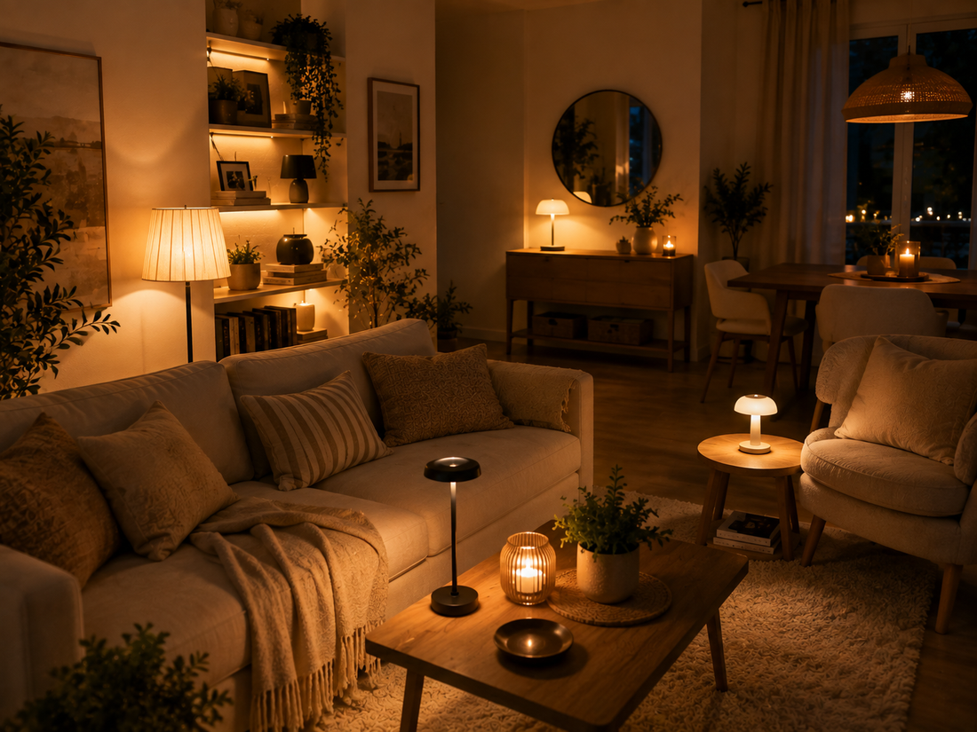 Salon chaleureux éclairé par plusieurs lampes disposées à différentes hauteurs