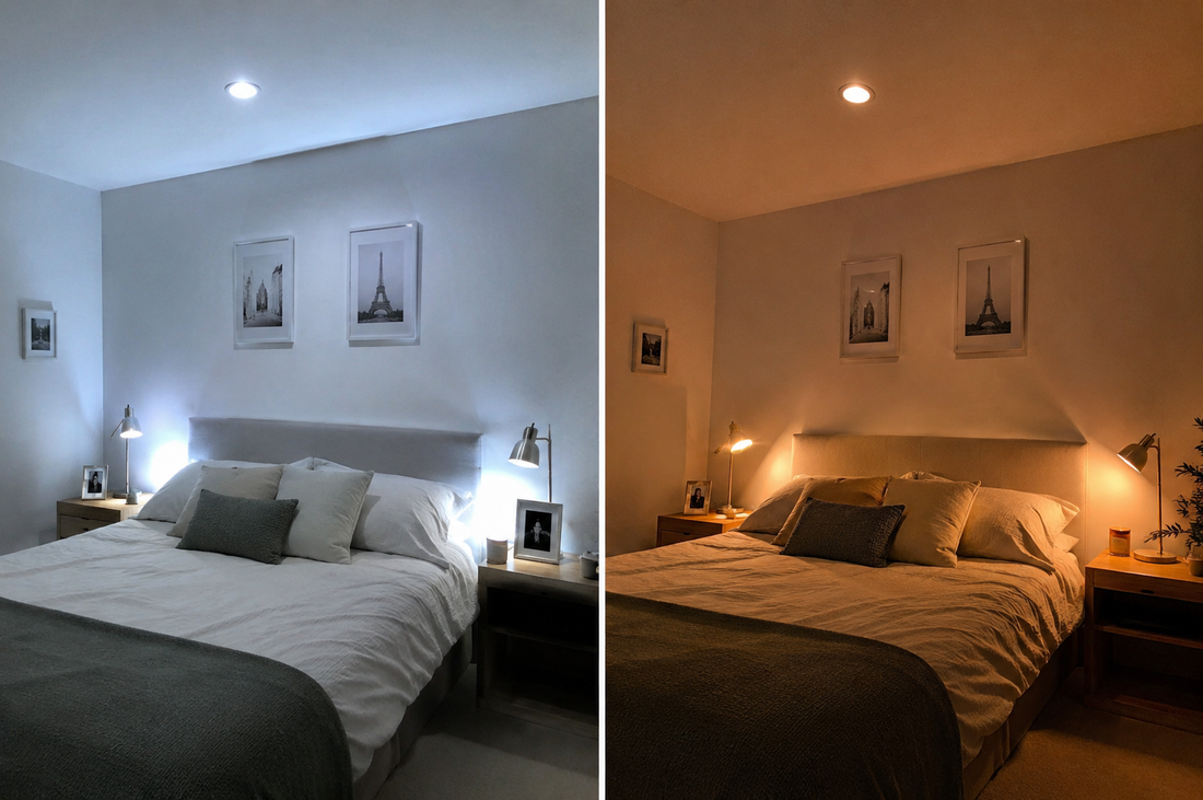 Comparaison d’une chambre sous une lumière froide et une lumière chaude
