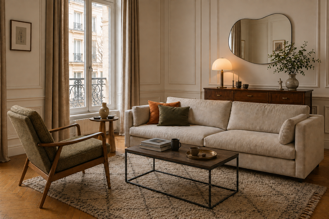 Salon mêlant mobilier contemporain, fauteuil vintage et éléments décoratifs classiques