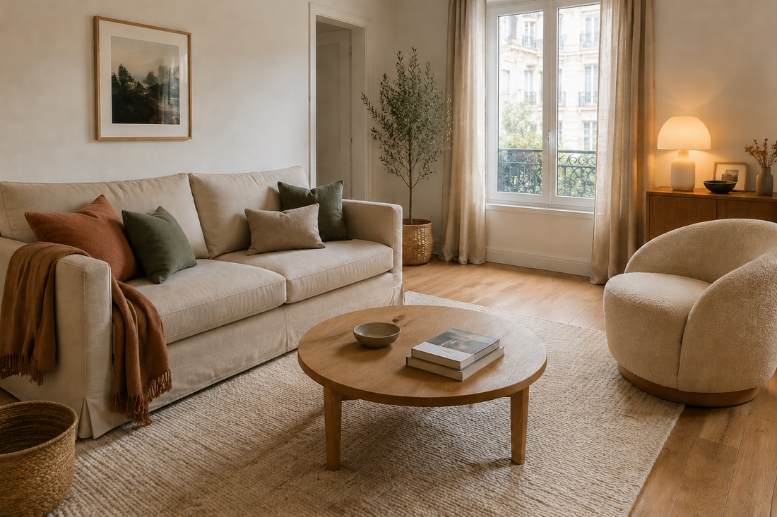 Salon chaleureux et harmonieux décoré avec du bois, des textiles naturels et des couleurs douces