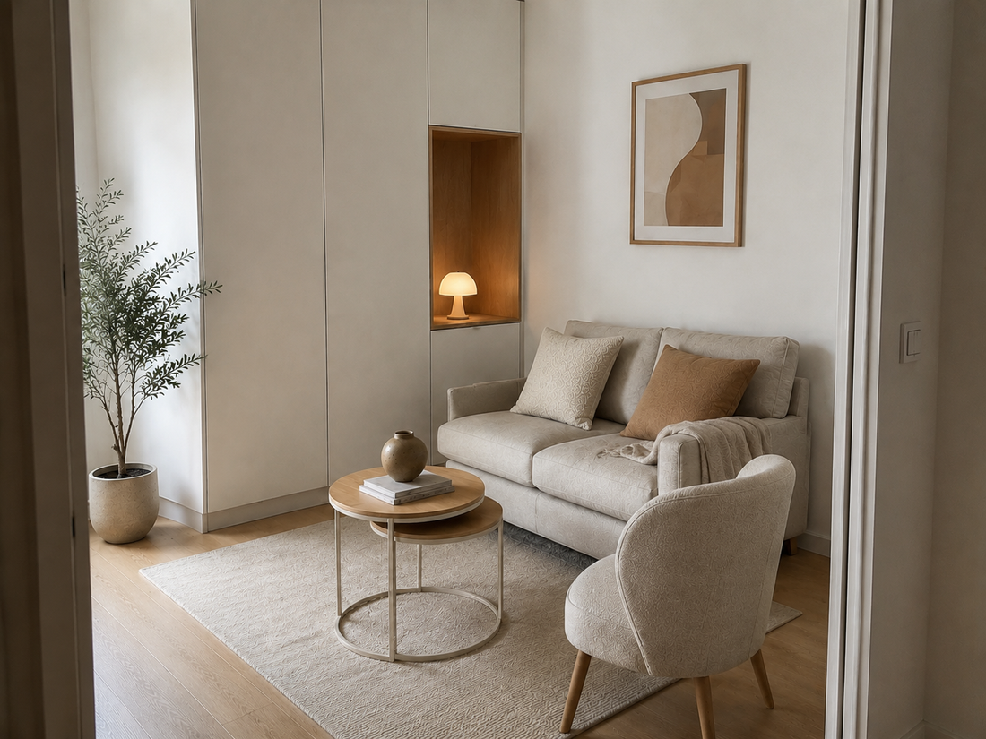 Petit salon minimaliste chaleureux aménagé dans des tons neutres avec du bois et des formes arrondies