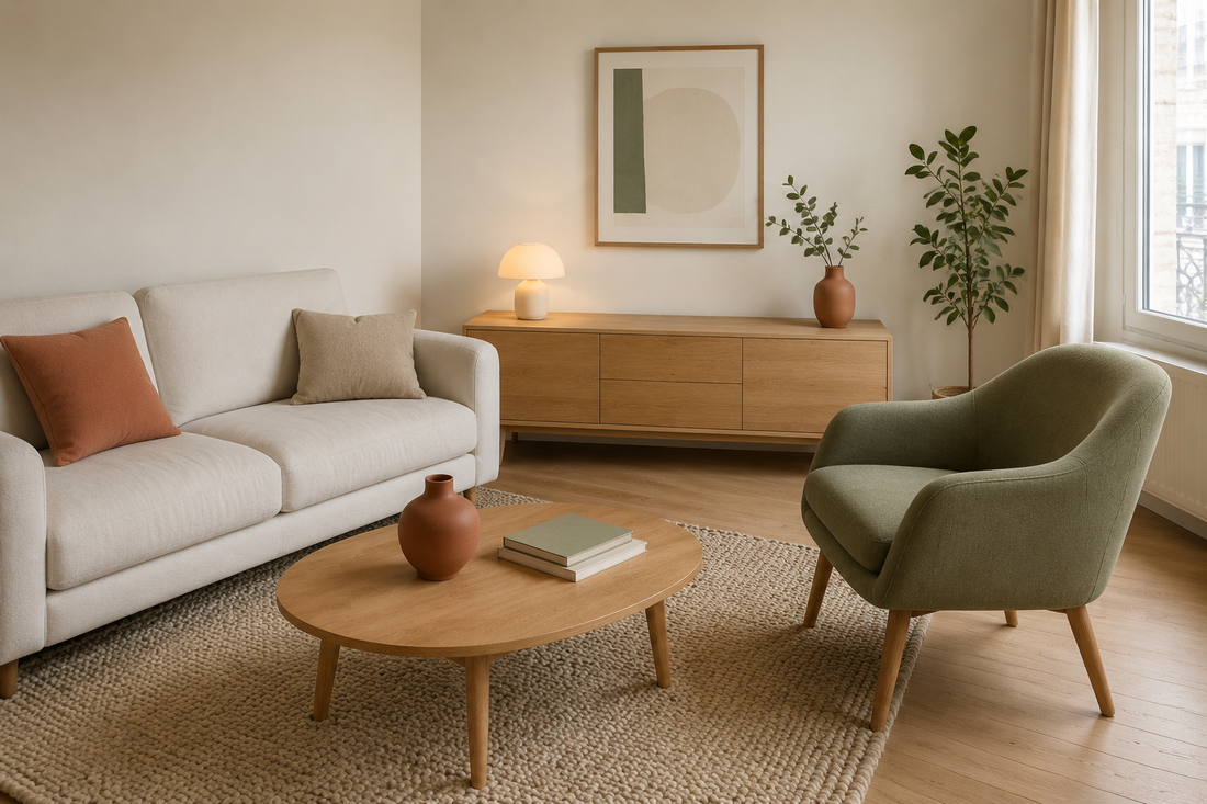 Salon harmonieux associant le beige, le terracotta et le vert dans une palette naturelle