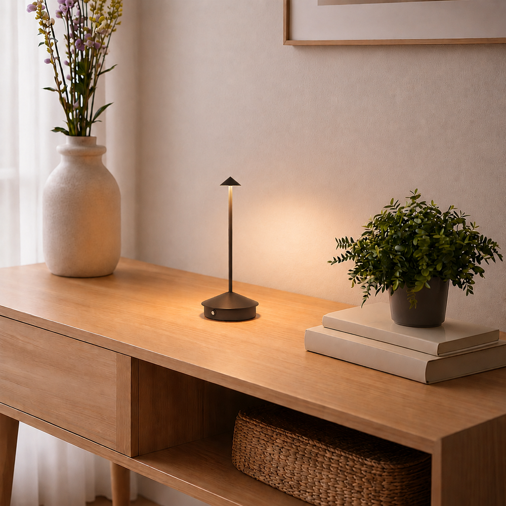AURALIS Élyssia, lampe de salon sans fil noire allumée