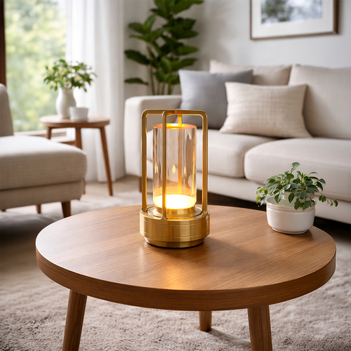 AURALIS Lumith, lampe de salon sans fil dorée allumée