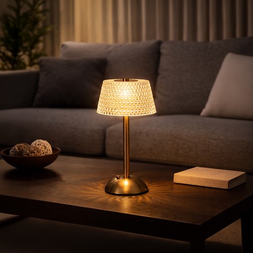 AURALIS Norya, lampe de salon sans fil dorée allumée
