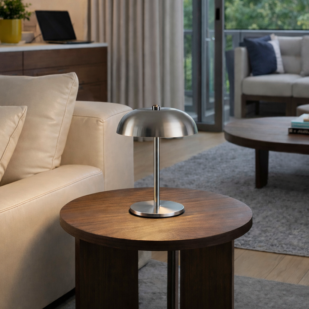 AURALIS Véléa, lampe de salon sans fil argentée allumée 