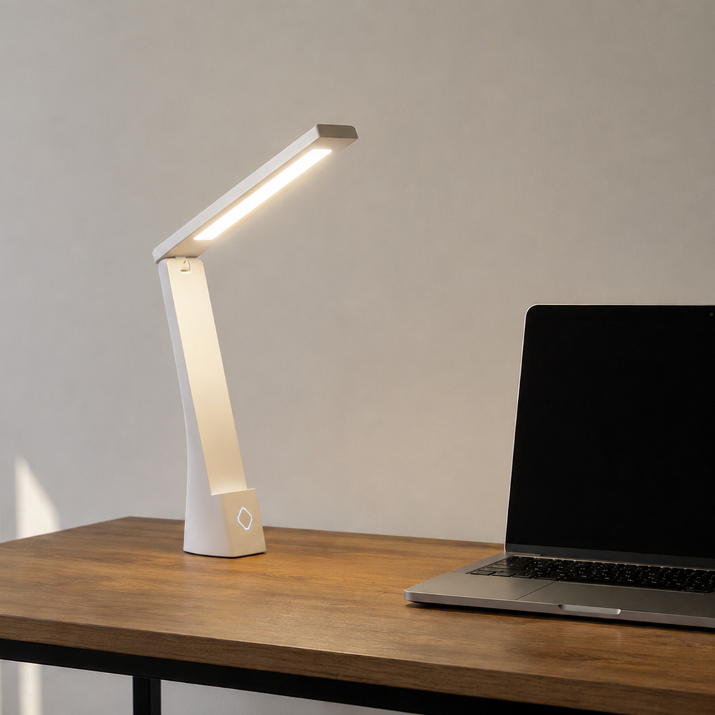 ELVORIA Axia, lampe de bureau sans fil blanche allumée