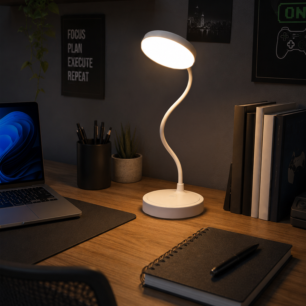 ELVORIA Ondra, lampe de bureau sans fil blanche allumée