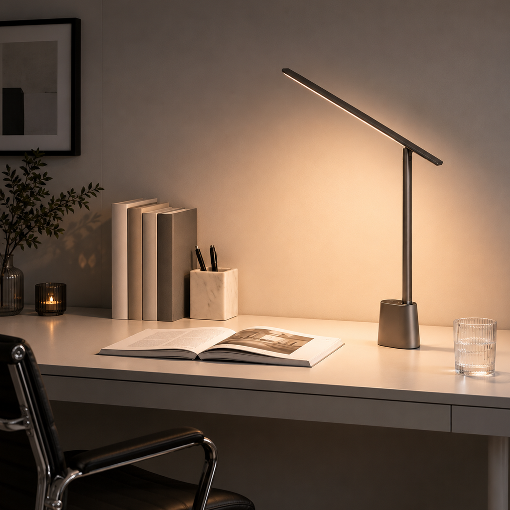 ELVORIA Tiltéa, lampe de bureau sans fil grise allumée