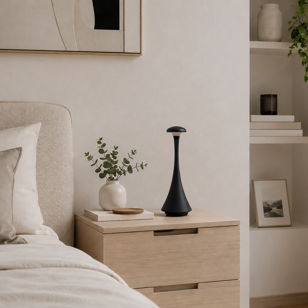 VELYN Elthia, lampe de chevet sans fil noire sur table basse