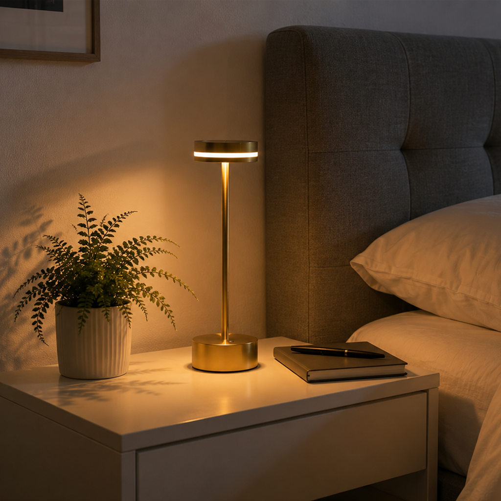 VELYN Noréa, lampe de chevet sans fil dorée allumée