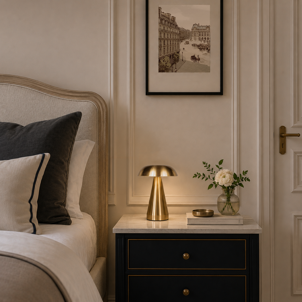VELYN Sélith, lampe de chevet sans fil dorée allumée